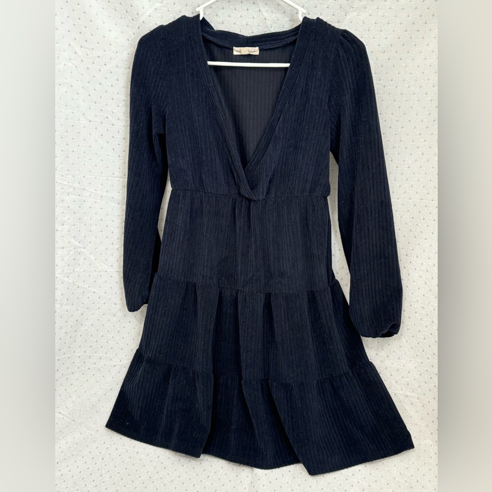 Deep V neck, long sleeve, dark blue, mid thigh dress